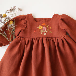 Rust Linen 3/4 Length Sleeve Square Neckline Dress with "Autumn Flowers" Embroidery