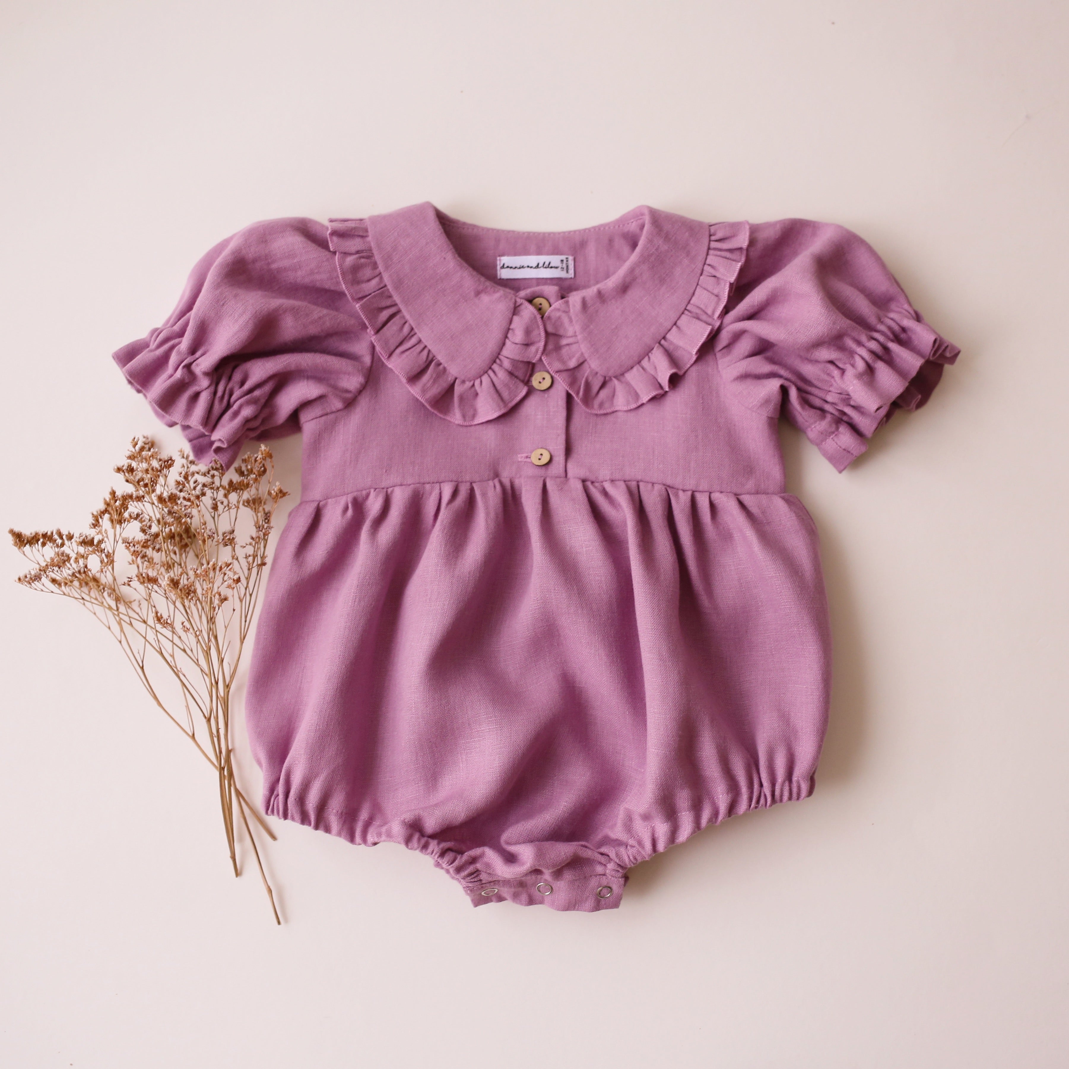 12-18 months - Orchid Pink Linen Short Sleeve Frilled Collar Bubble Playsuit