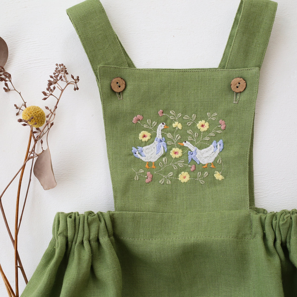 Meadow Green Linen Pinafore Romper with “Geese in Flowers” Embroidery ...