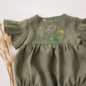 Olive Linen Flounce Sleeve Bubble Playsuit with “Fairy Meadow” Embroidery