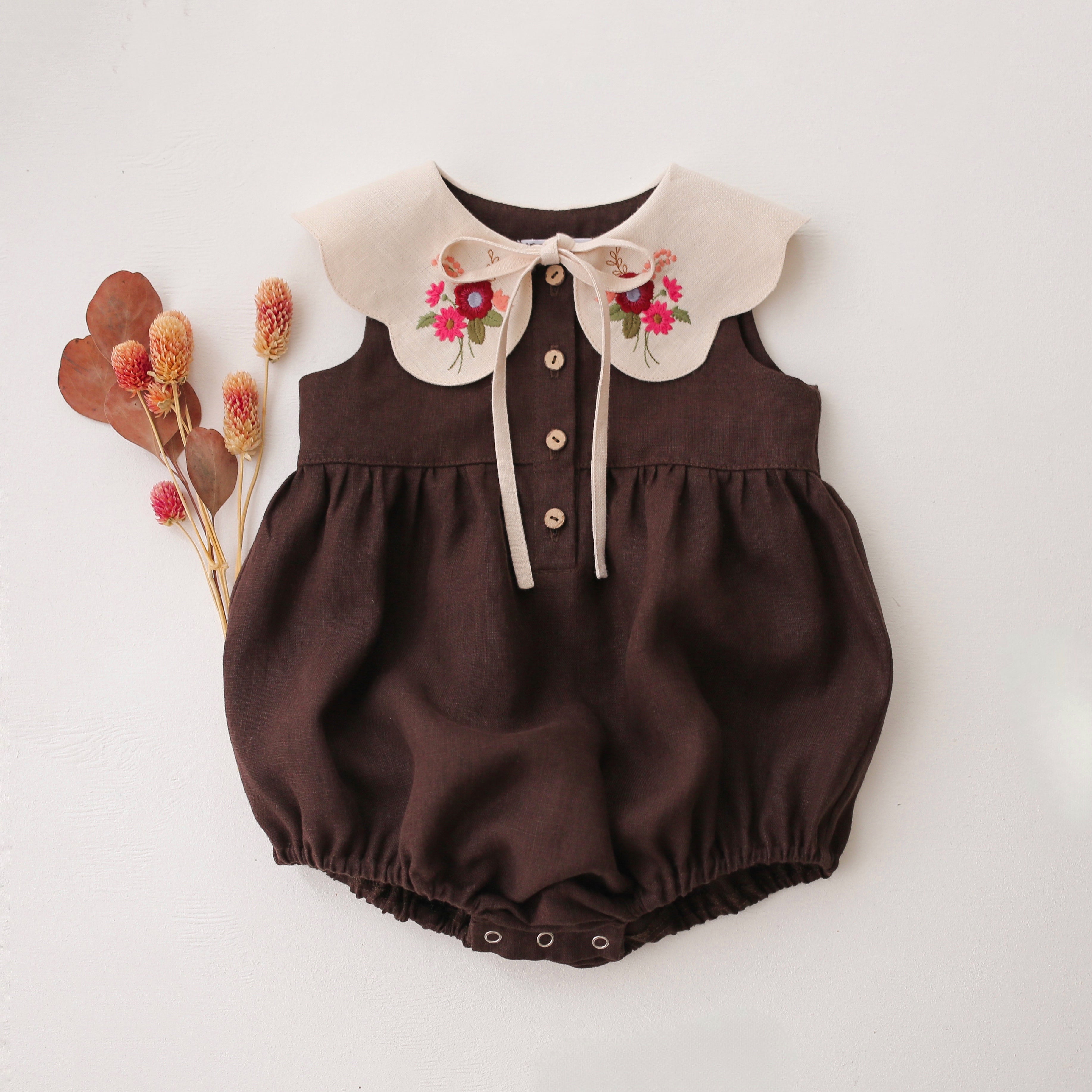 Dark Brown Linen Bubble Playsuit with Petal Collar in Ivory Linen with "Meadow Posy" Embroidery