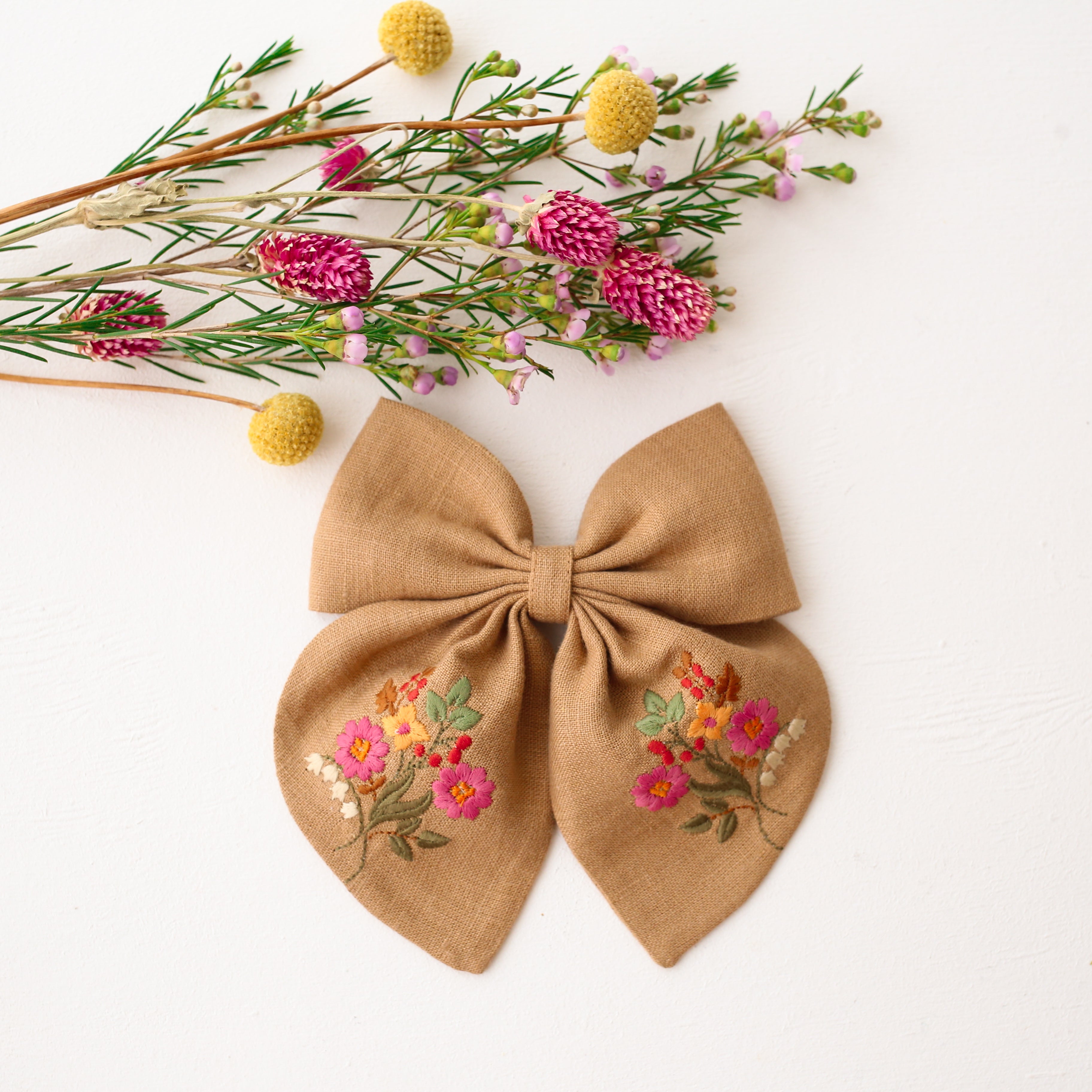 Embroidered Hair Bow with "Cottage Bouquet" Embroidery in Latte Linen