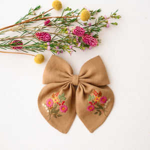 Embroidered Hair Bow with "Cottage Bouquet" Embroidery in Latte Linen