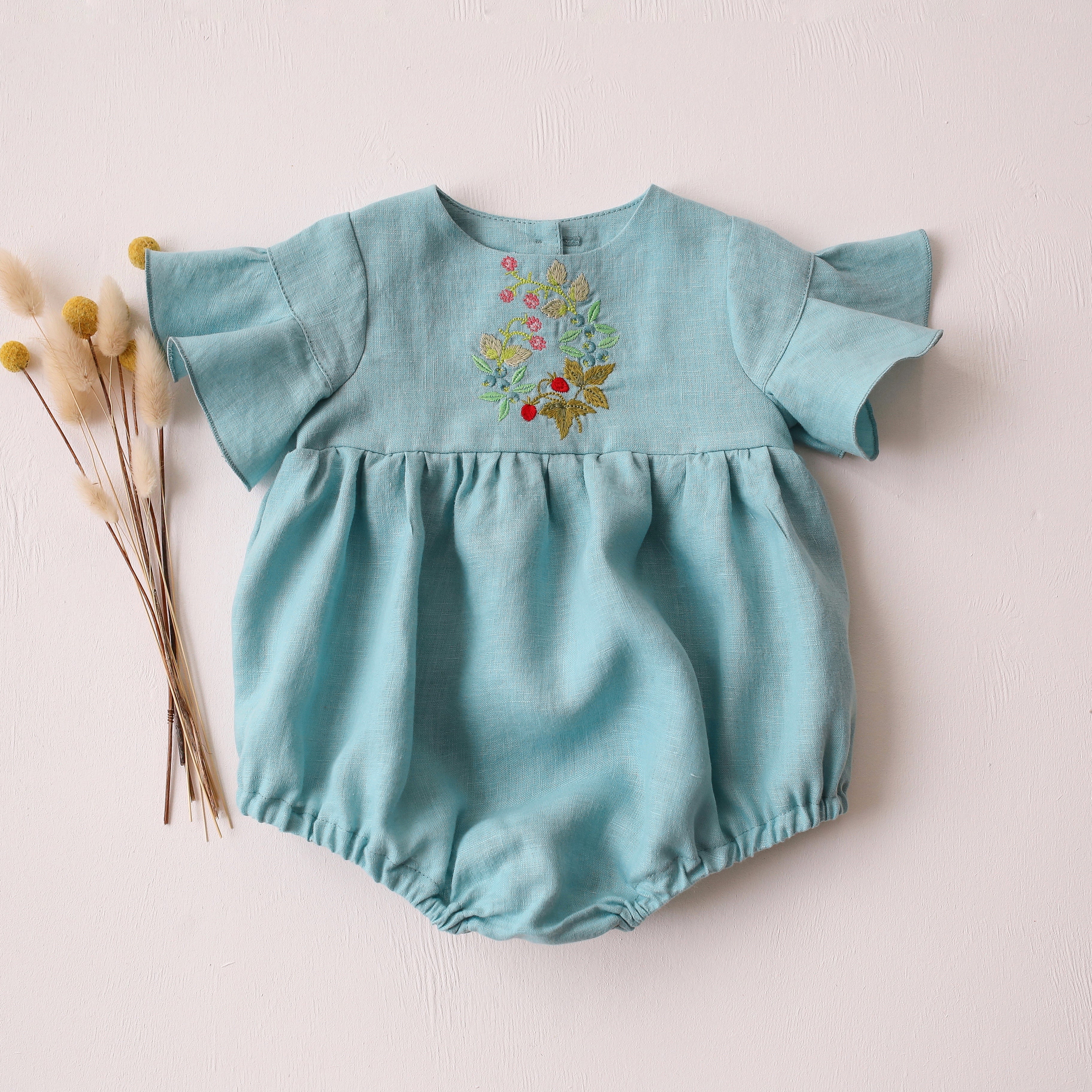 Duck Egg Blue Linen Flounce Sleeve Bubble Playsuit with “Berries” Embroidery