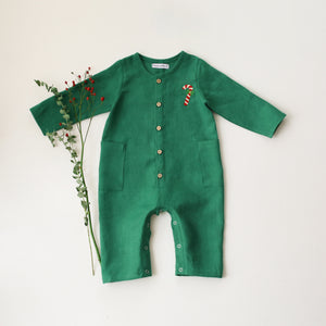 Emerald Green Linen Long Sleeve Buttoned Jumpsuit with "Christmas Candy Cane" Embroidery