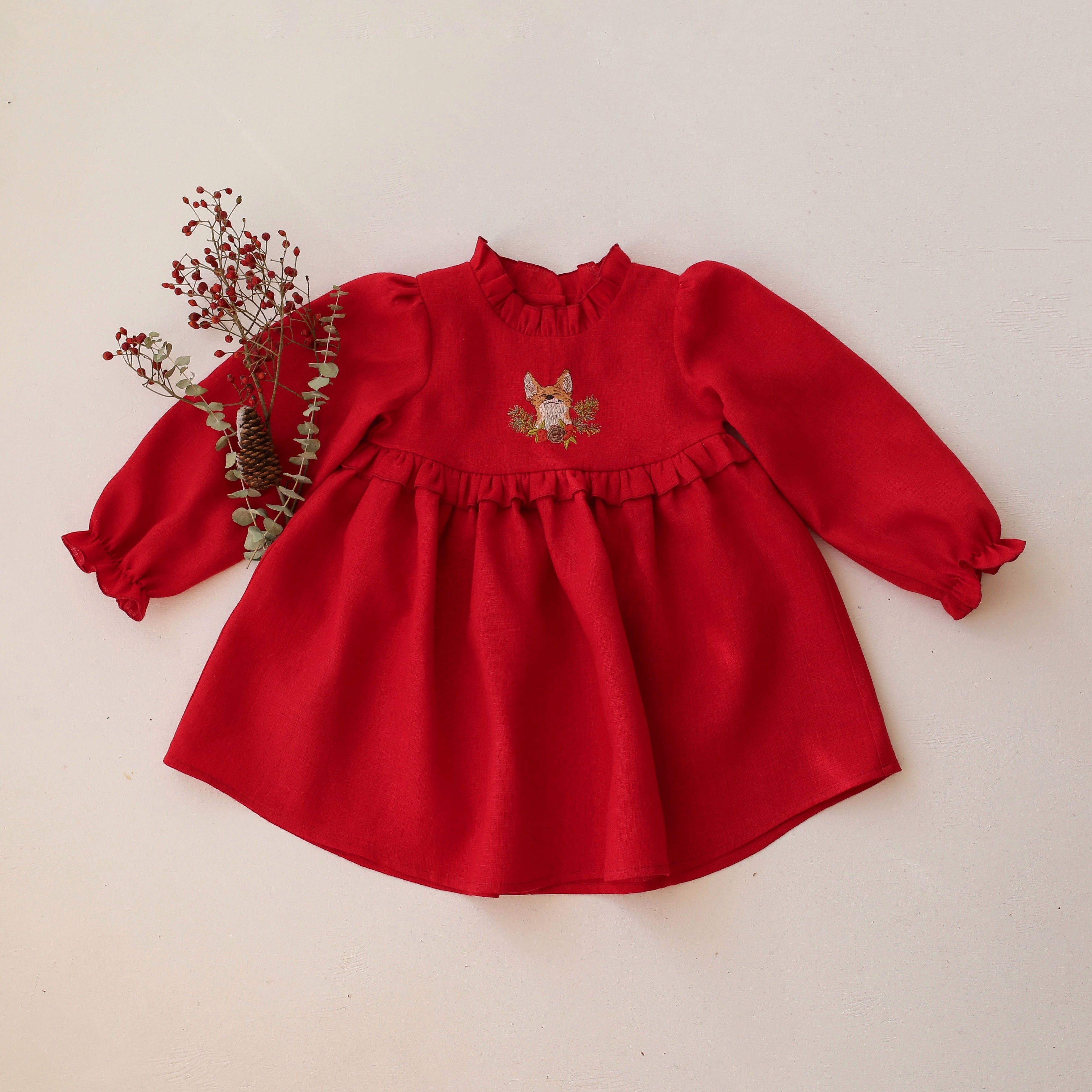 Scarlet Red Linen Long Sleeve Circle Skirt Frills Dress with "Christmas Fox" Embroidery