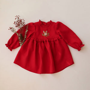 Scarlet Red Linen Long Sleeve Circle Skirt Frills Dress with "Christmas Fox" Embroidery