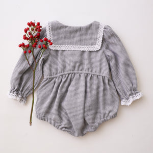 Grey & White Check Cotton Long Sleeve Square Collar Bubble Playsuit