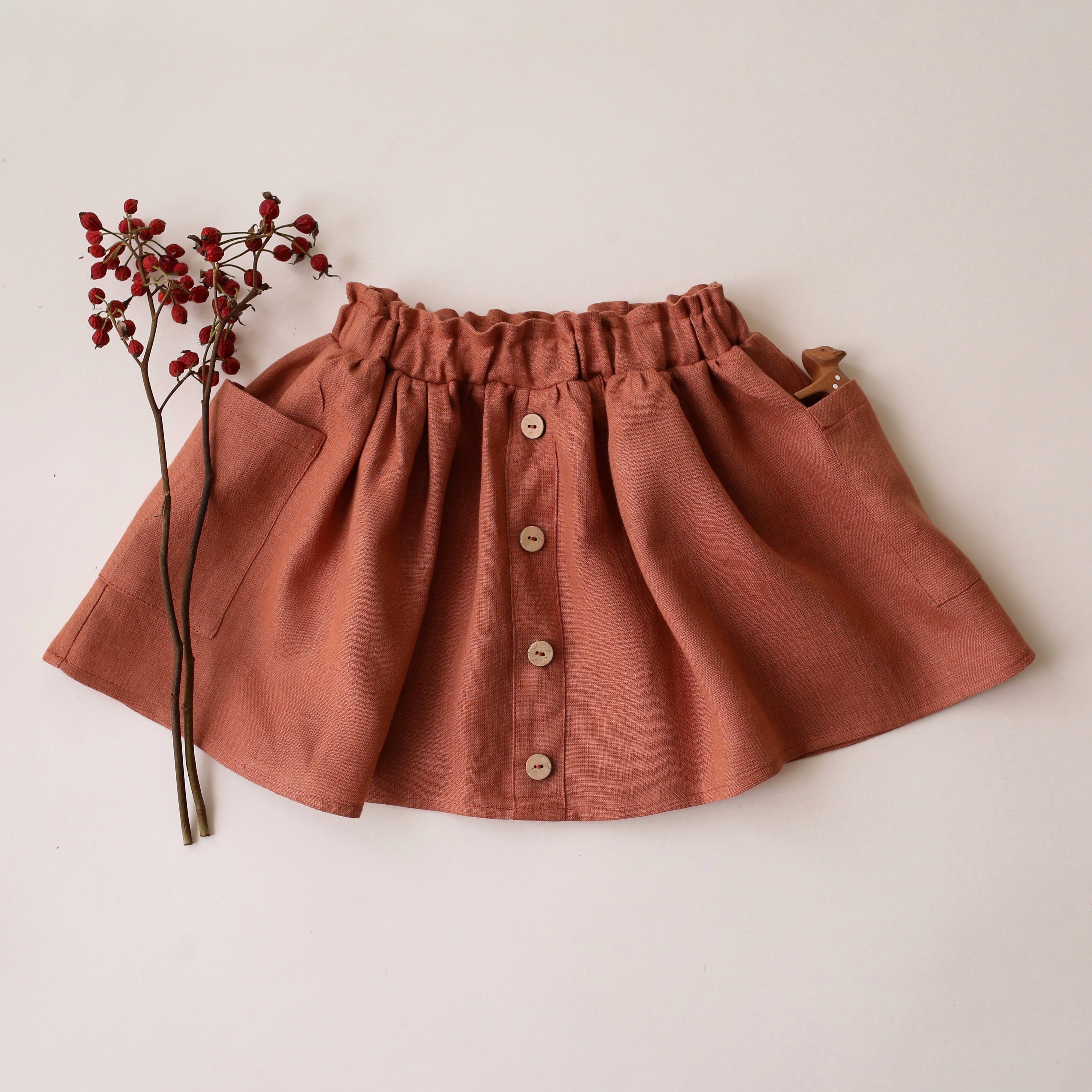 Terracotta Linen Button Front Skirt with Pockets
