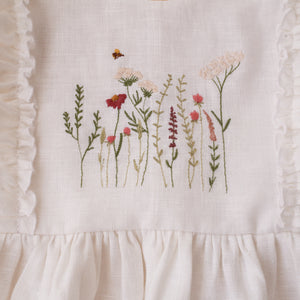 Milk Linen Ruffled Front Tiered Dress with “Meadow Flowers with Bee” Embroidery