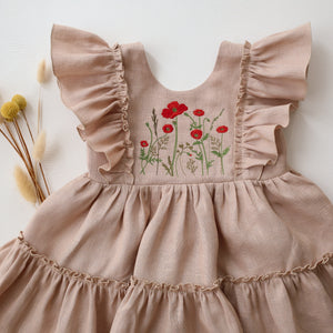 Beige Linen Ruffled Front Tiered Dress with “Poppy Meadow” Embroidery