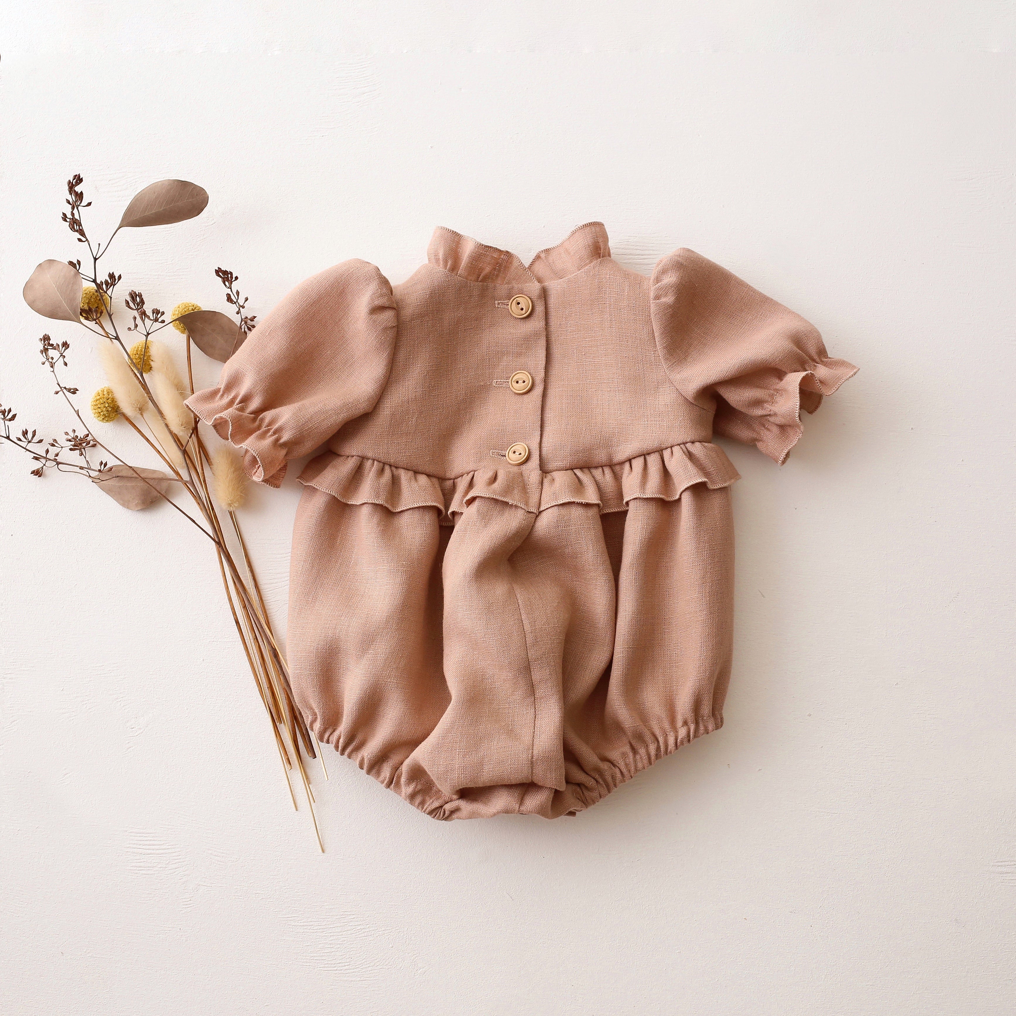 Clay Linen Short Sleeve Frills Bubble Playsuit with "Squirrel on Berry Branch" Embroidery