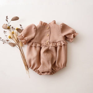Clay Linen Short Sleeve Frills Bubble Playsuit with "Squirrel on Berry Branch" Embroidery