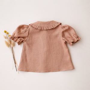 Clay Linen Short Sleeve Frilled Collar Button Front Blouse