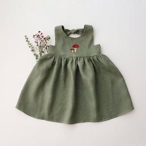 Olive Linen Dress with Cutout Back with “Fly Agaric Mushrooms” Embroidery