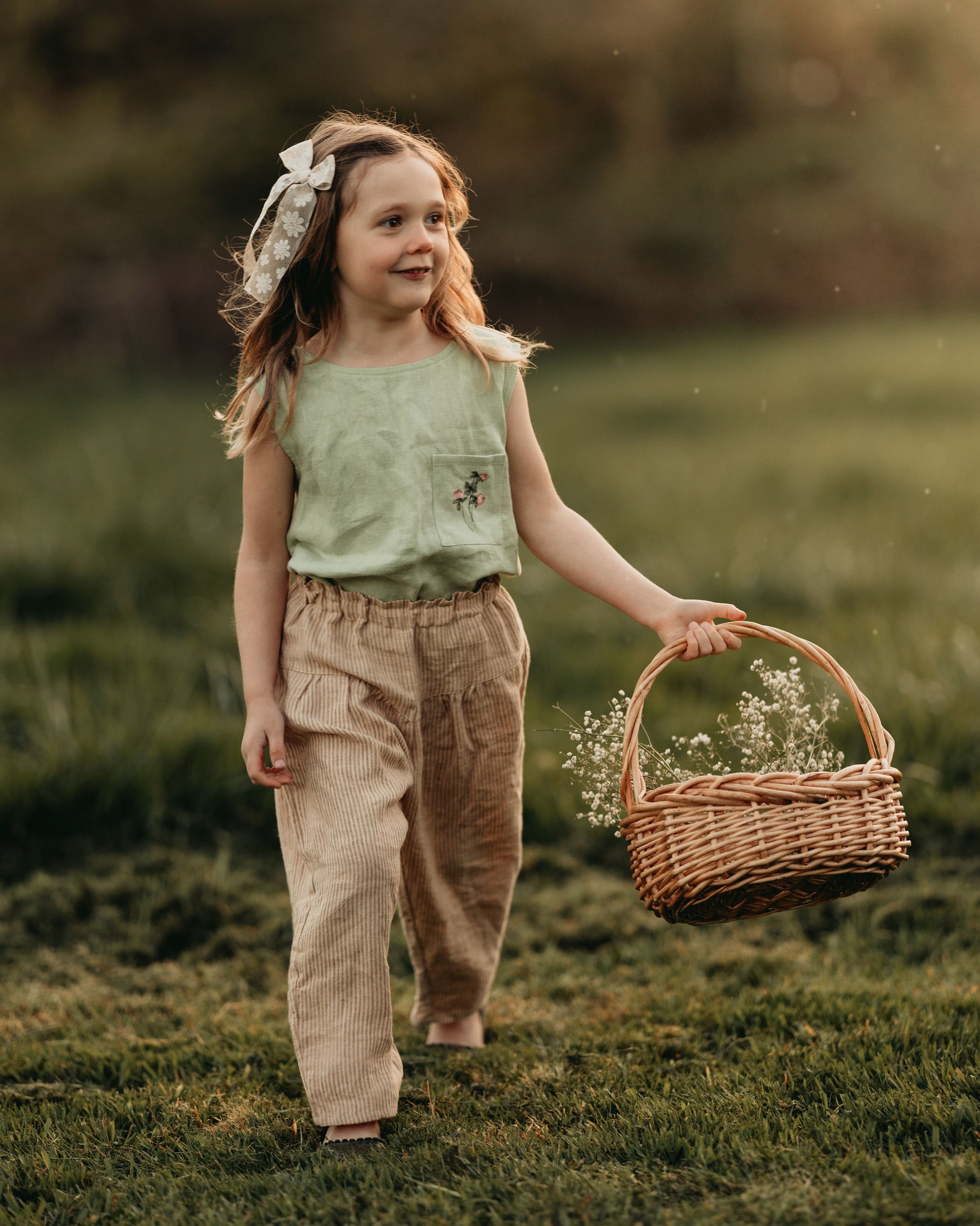 Spring Green Linen Ankle Cropped Pants