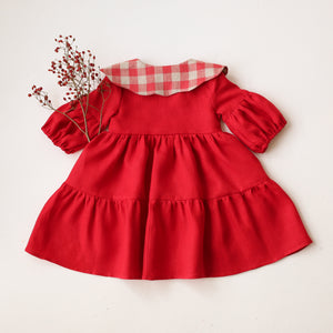 Scarlet Red Linen Lantern Sleeve Tiered Dress with Scalloped Collar in Cherry Check Linen