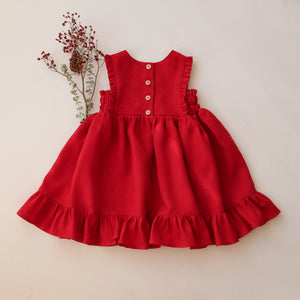 Scarlet Red Linen Dress with Ruffled Hem with "Christmas Mistletoe" Embroidery