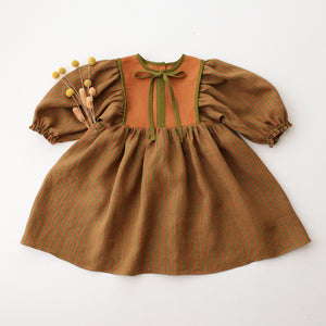 Terracotta Stripe Linen Puff Sleeve Dress with Bodice in Burnt Orange – Dannie and Lilou