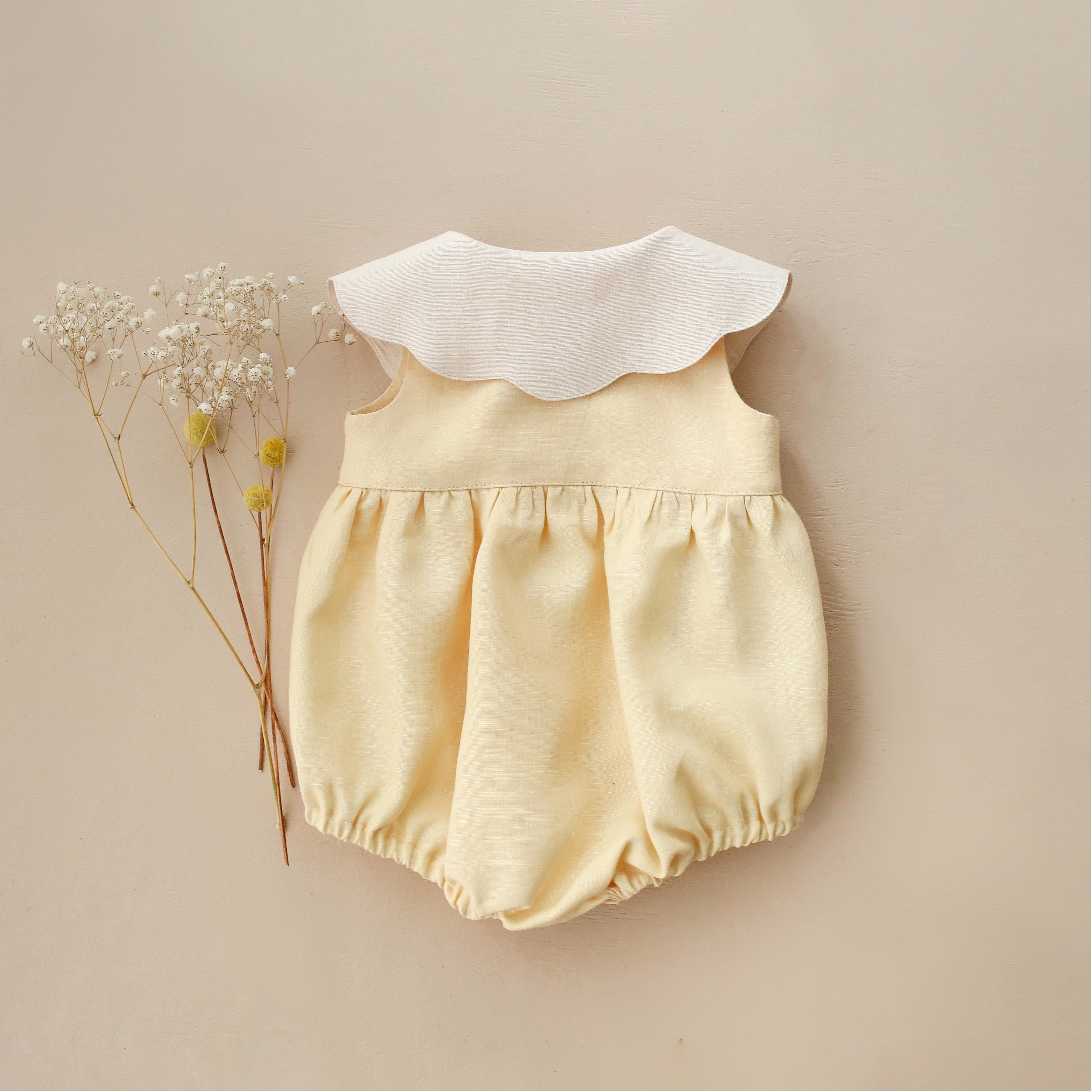 Vanilla Linen Bubble Playsuit with Petal Collar in Ivory Linen with "Geese in Flowers" Embroidery