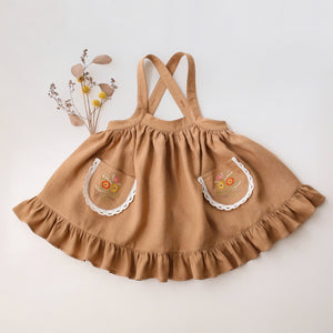 Latte Linen Straps Pinafore with Lace with “Autumn Flowers” Embroidery