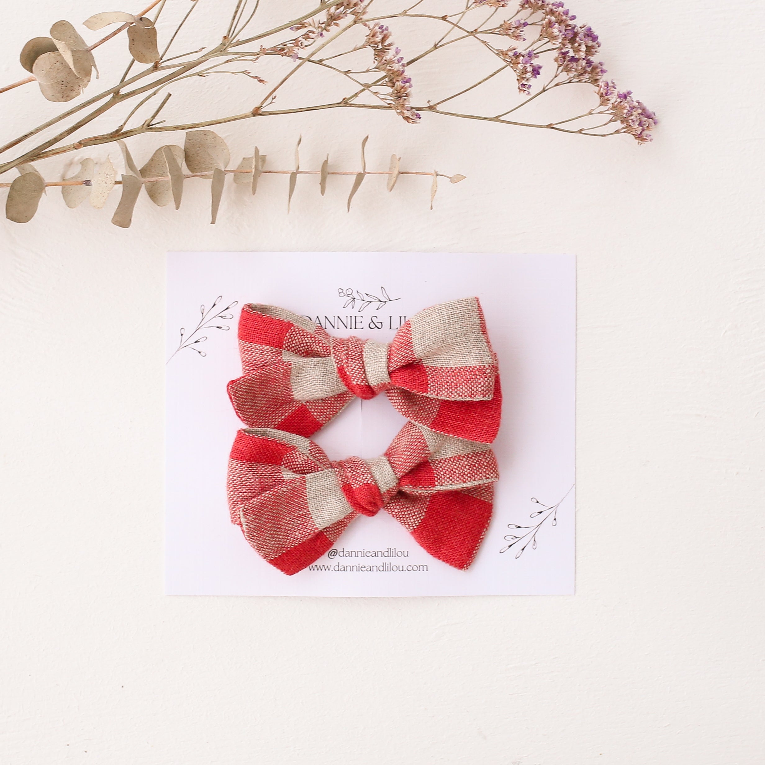 Pigtail Set - Everly Hair Bows in Cherry Check Linen