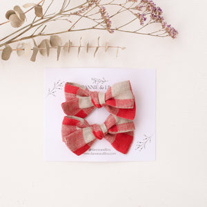 Pigtail Set - Everly Hair Bows in Cherry Check Linen