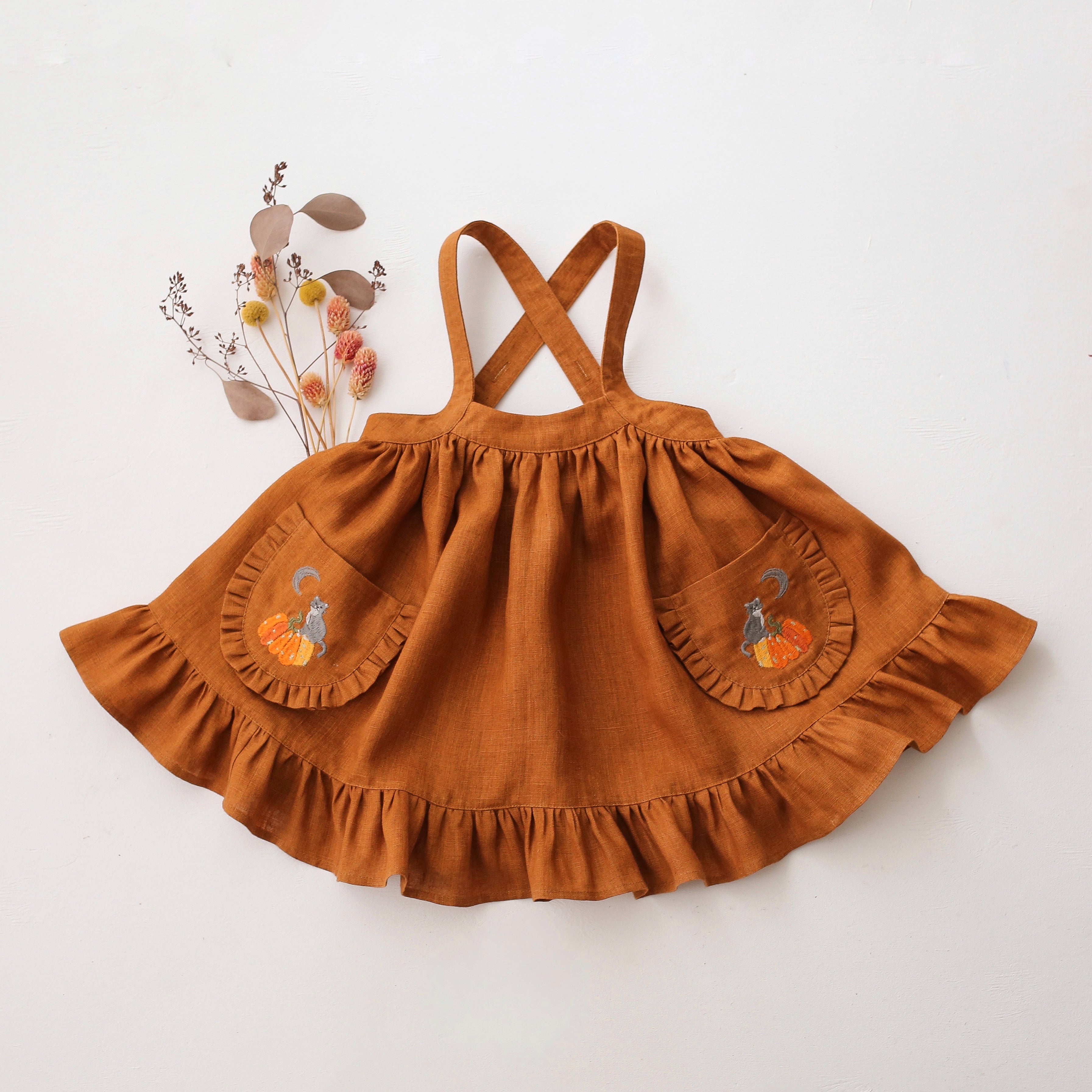 Burnt Orange Linen Straps Pinafore with Frills with “Cat & Pumpkin” Embroidery