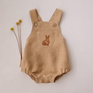 Desert Tan Stripe Linen Front Pocket Straps Romper with "Rabbit" Embroidery