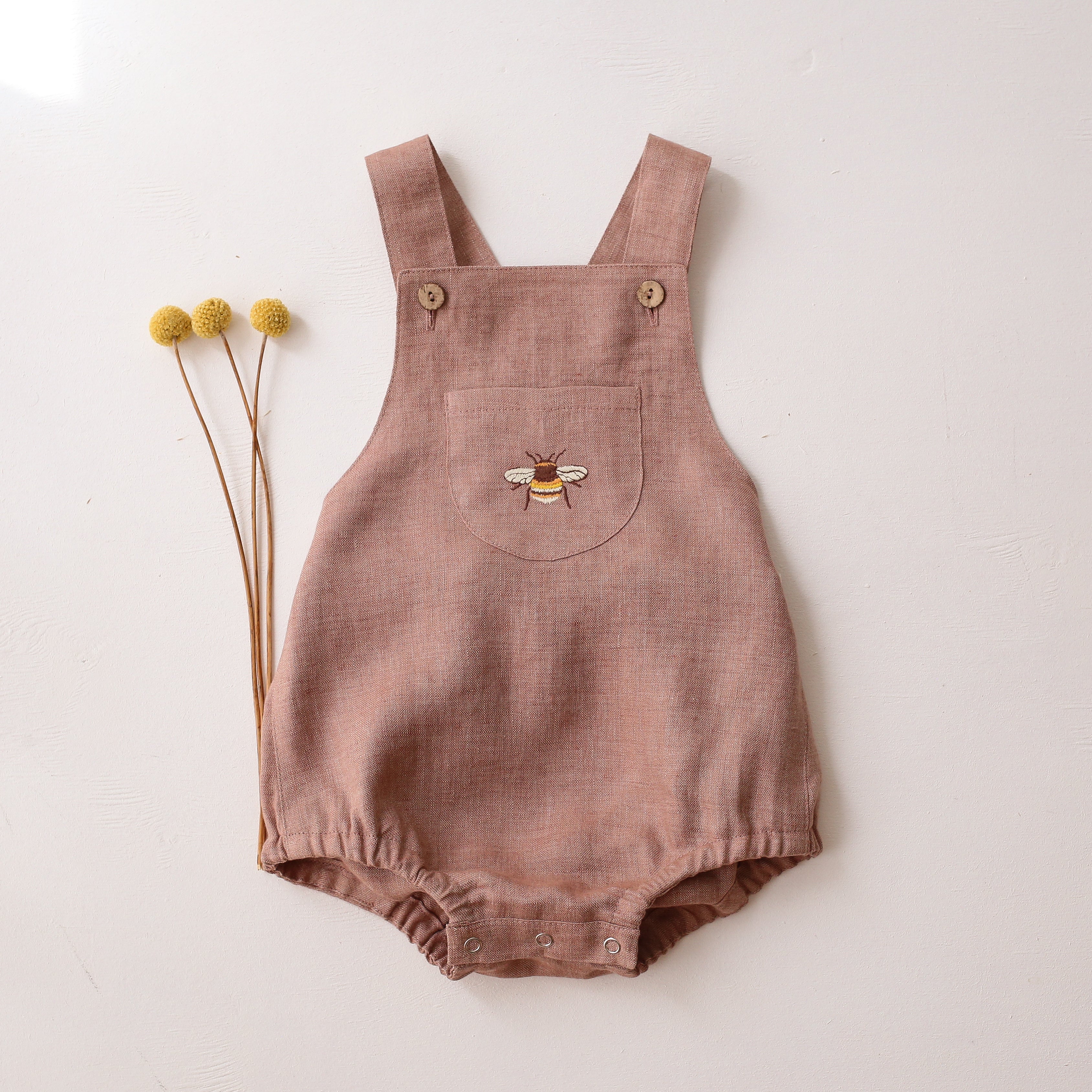 Rose Smoke Linen Front Pocket Straps Romper with "Bumblebee" Embroidery