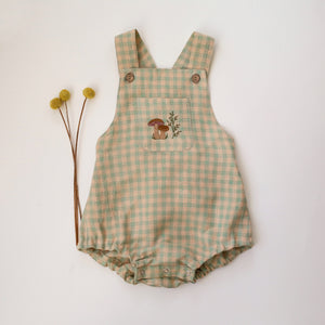 Green Gingham Linen Front Pocket Straps Romper with "Mushrooms" Embroidery