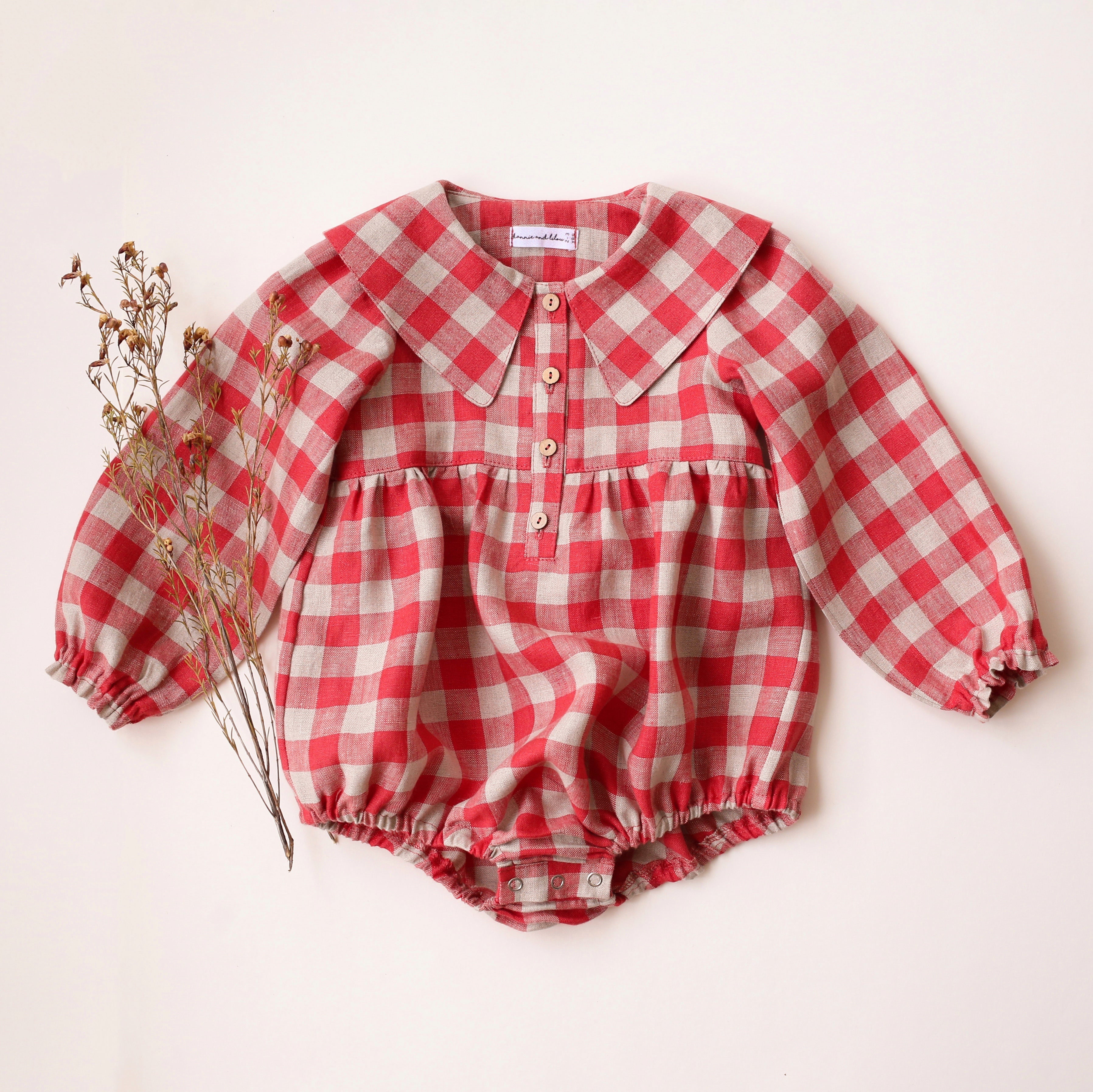 Cherry Check Linen Long Sleeve Pointed Collar Bubble Playsuit