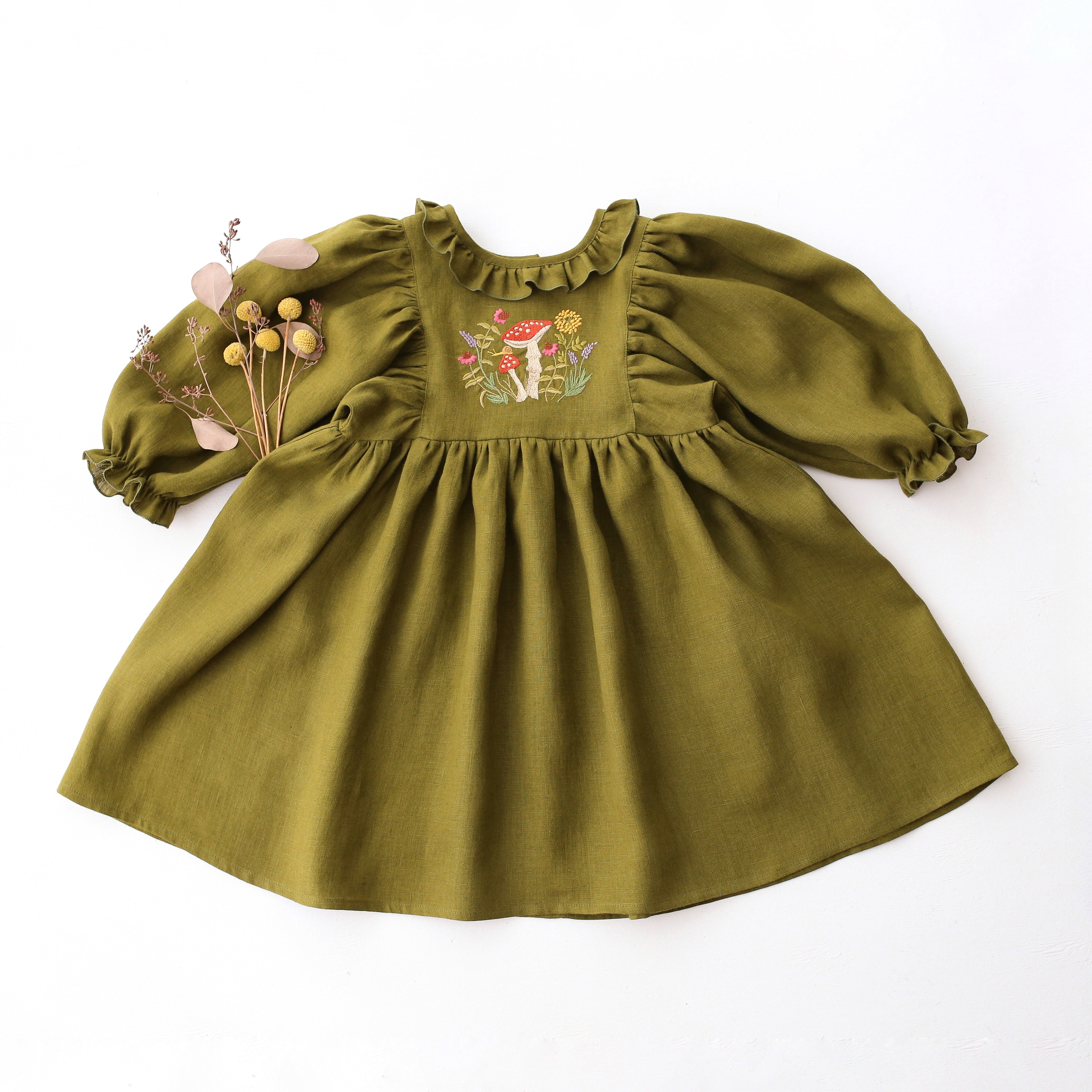 Pine Linen Puff Sleeve Ruffle Collar Dress with “Herbs & Mushrooms” Embroidery