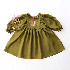 Pine Linen Puff Sleeve Ruffle Collar Dress with “Herbs & Mushrooms” Embroidery