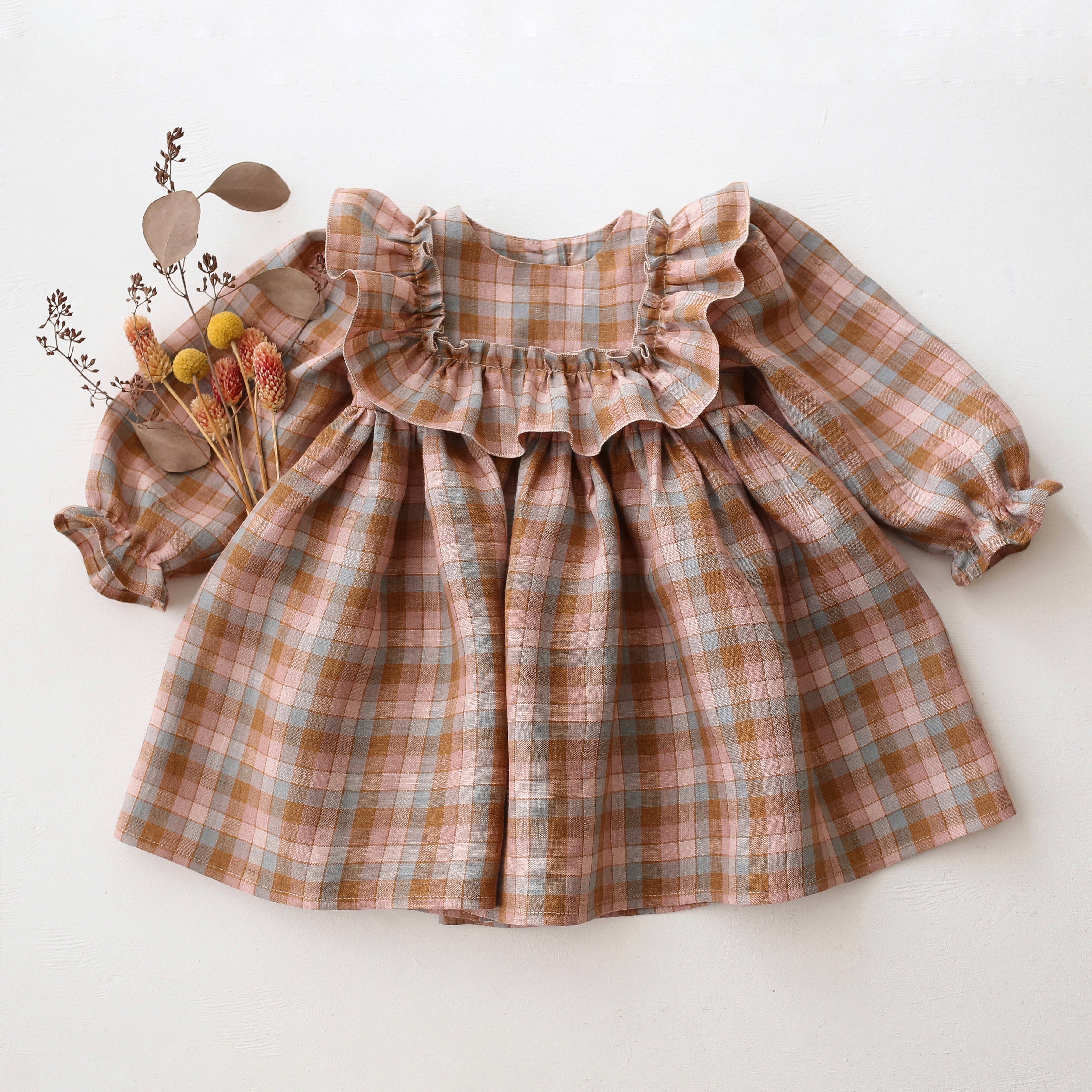 Hazel Rose Check Linen Long Sleeve Dress with Wide Bodice Ruffle
