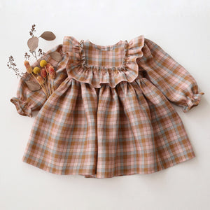 Hazel Rose Check Linen Long Sleeve Dress with Wide Bodice Ruffle