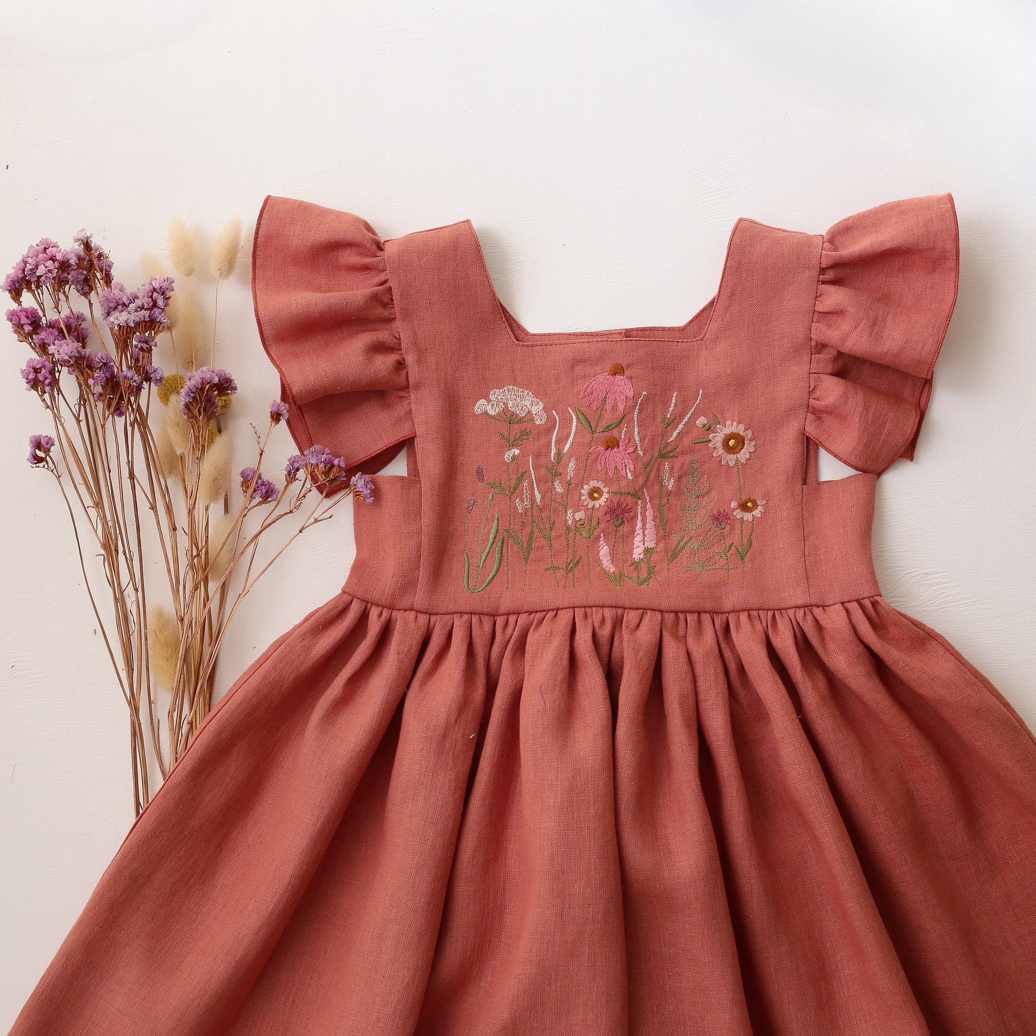 Rose Bouquet Linen Flutter Sleeve Square Neckline Dress with "Echinacea Flowers" Embroidery