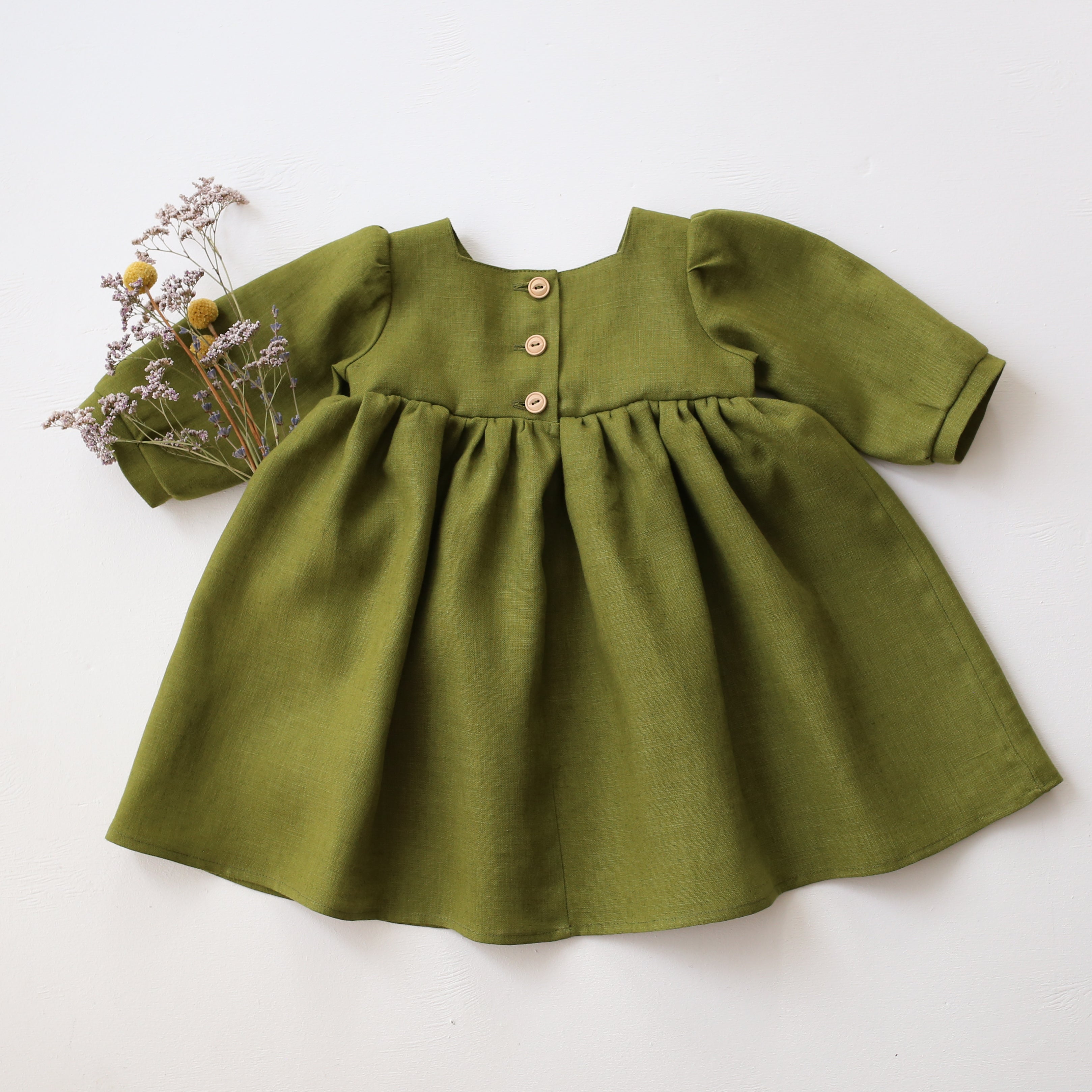 Forest Linen 3/4 Length Sleeve Square Neckline Dress with "Floral Pumpkin” Embroidery