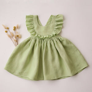 Spring Green Linen Ruffled Bodice Dress