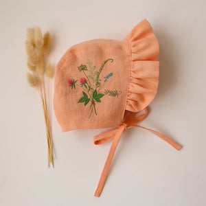 Peach Linen Ruffle Brimmed Bonnet with “Bouquet #2” Embroidery