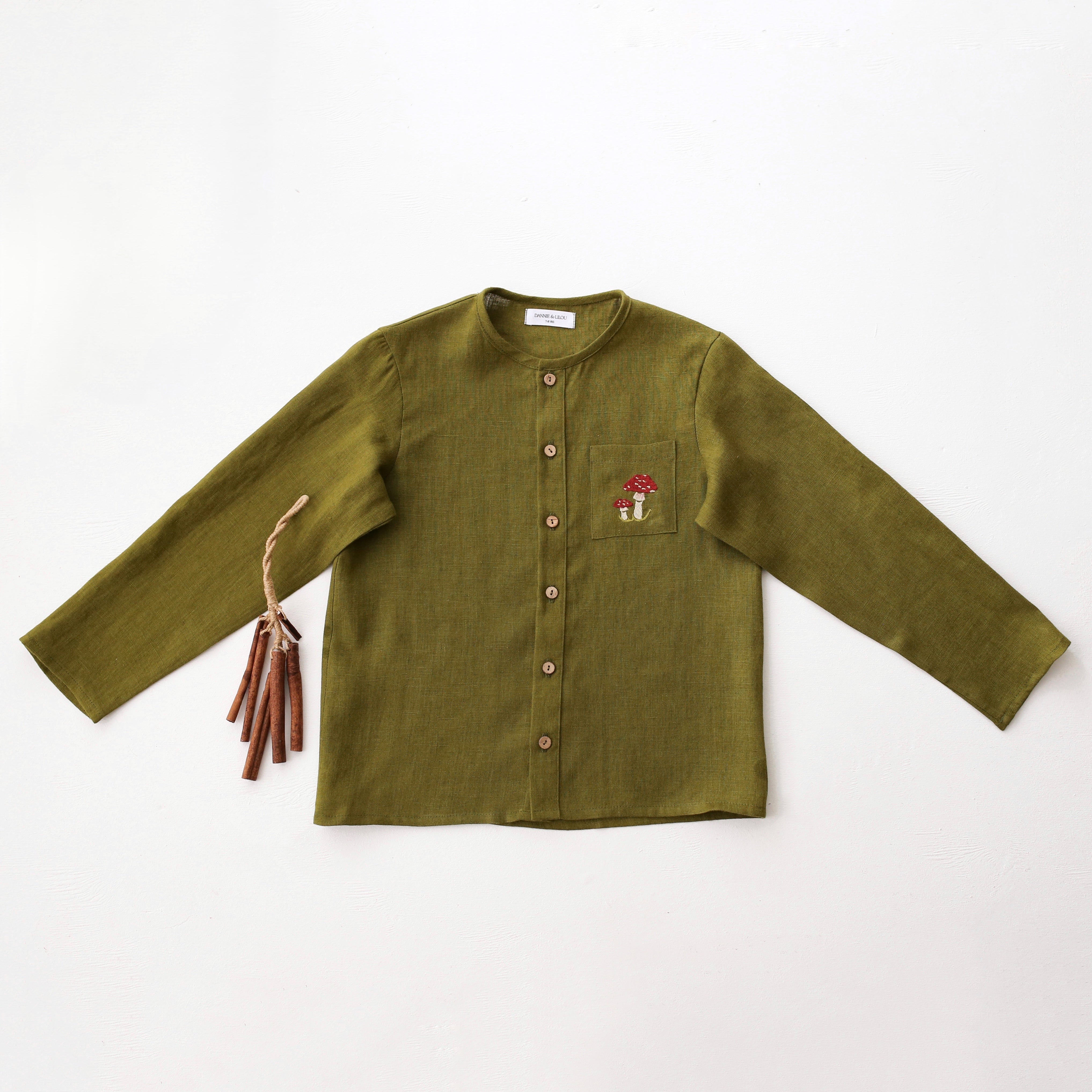 Pine Linen Long Sleeve Button Front Top with Pocket with "Fly Agaric Mushrooms" Embroidery