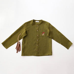 Pine Linen Long Sleeve Button Front Top with Pocket with "Fly Agaric Mushrooms" Embroidery