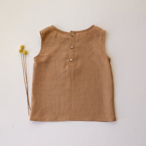 Latte Linen Relaxed Fit Tank Top with "Toadstool with Snail" Embroidery