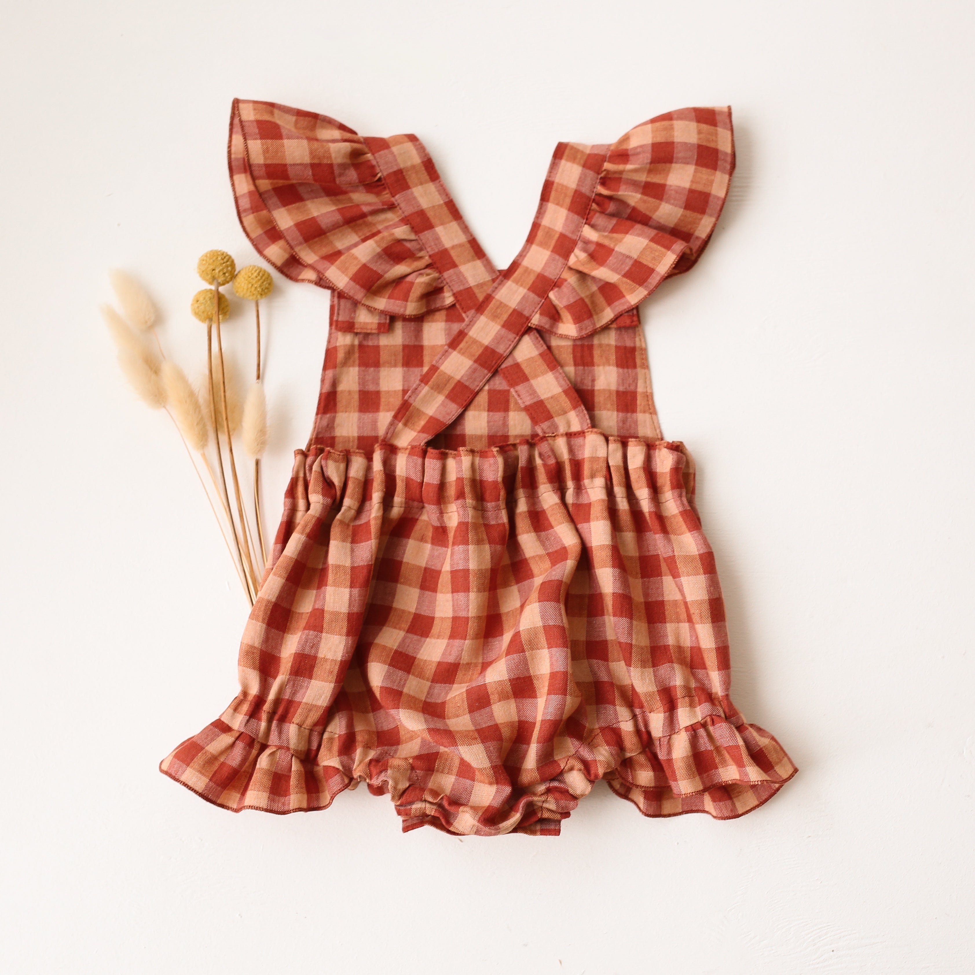 Butternut Check Linen Flutter Straps Romper with “Fox with Snowdrops” Embroidery