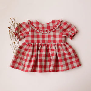 Cherry Check Linen Short Sleeve Frilled Collar Blouse with Curved Bodice