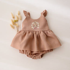 Clay Linen Flutter Sleeve Bubble Playsuit with Skirt with "Bunny in Daisy Wreath" Embroidery