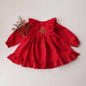 Scarlet Red Linen Long Sleeve Ruffle Dress with "Christmas Mistletoe" Embroidery