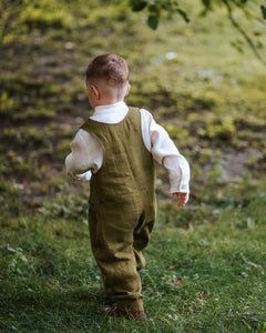 Pine Linen Front Pockets Overalls with "Mouse & Fox" Embroidery