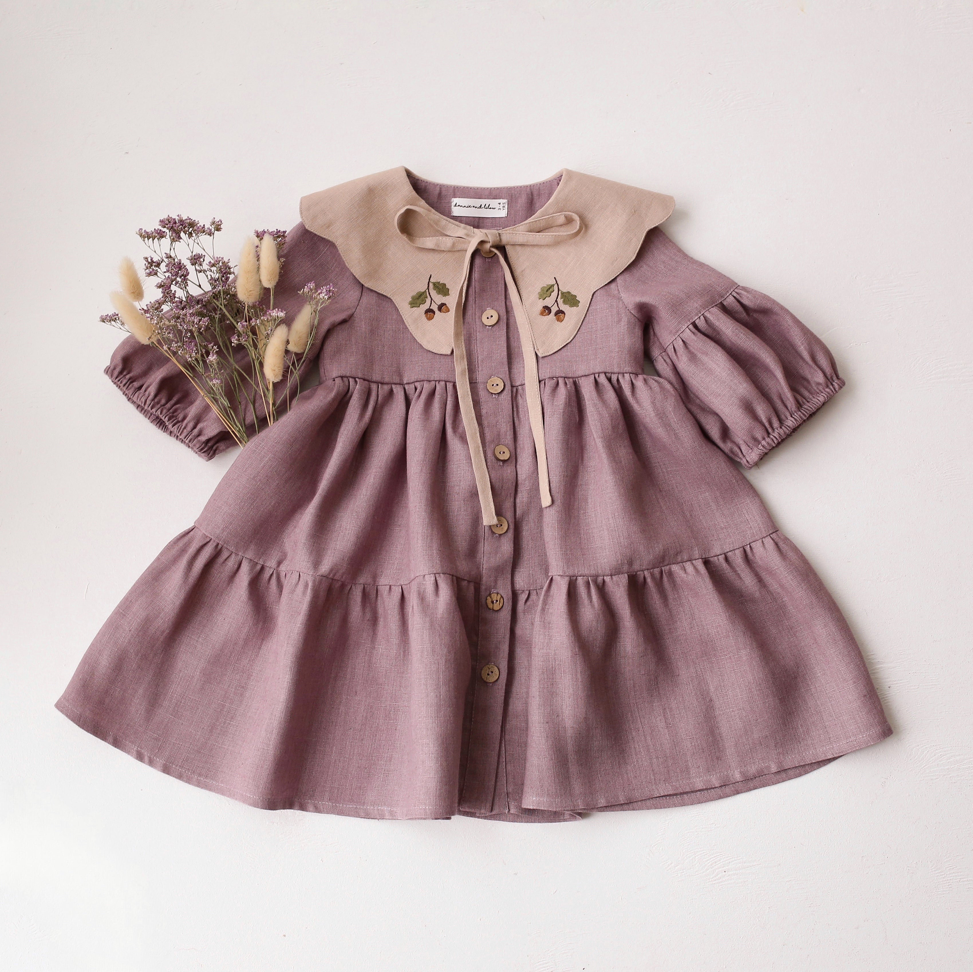 Pale Lilac Linen Lantern Sleeve Tiered Dress with Scalloped Collar in Beige Linen with "Mini Acorns" Embroidery