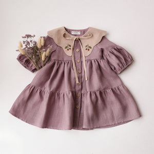 Pale Lilac Linen Lantern Sleeve Tiered Dress with Scalloped Collar in Beige Linen with "Mini Acorns" Embroidery